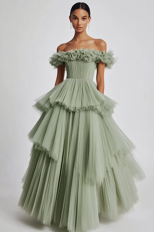 Dusty Sage Ball Gown Tulle Tiered Long Formal Dress with Ruffles Pleated Ruched Off the Shoulder Prom Dress