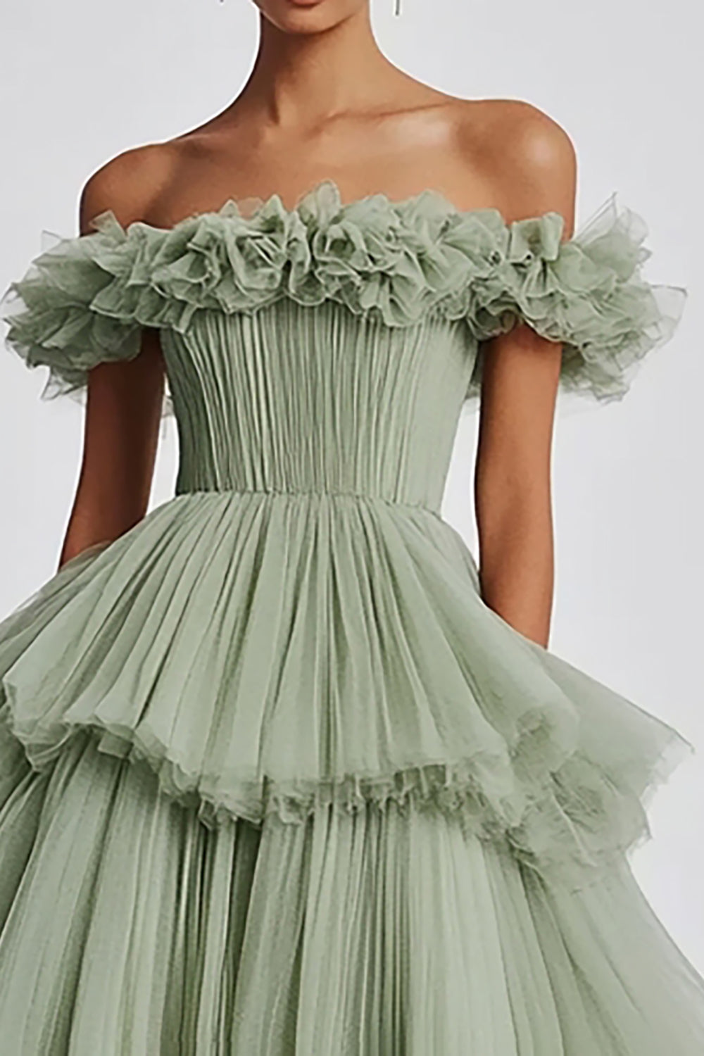 Dusty Sage Tulle Off the Shoulder Long Formal Dress with Ruffles