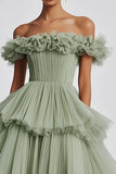 Dusty Sage Tulle Off the Shoulder Long Formal Dress with Ruffles