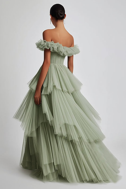 Dusty Sage Tulle Off the Shoulder Long Formal Dress with Ruffles