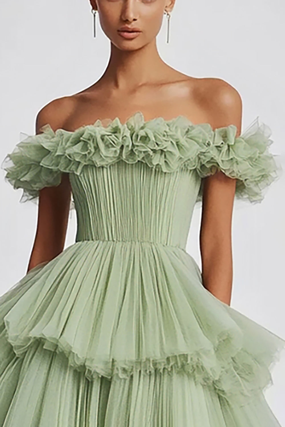 Dusty Sage Tulle Off the Shoulder Long Formal Dress with Ruffles