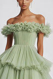 Dusty Sage Tulle Off the Shoulder Long Formal Dress with Ruffles