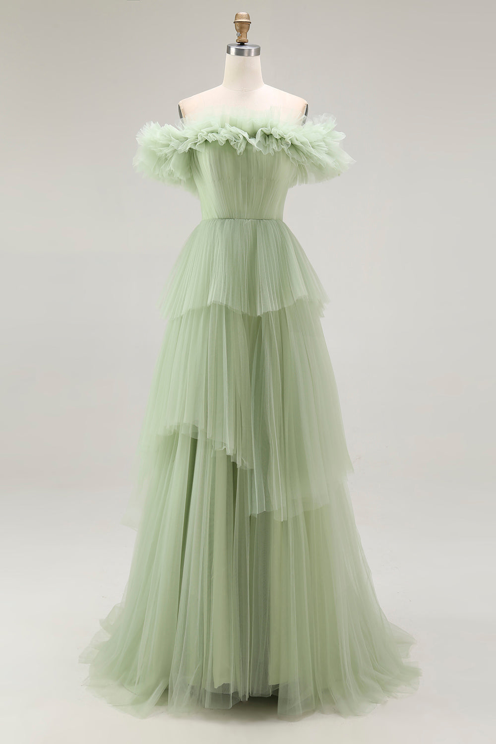 Dusty Sage Tulle Off the Shoulder Long Formal Dress with Ruffles