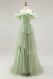 Dusty Sage Tulle Off the Shoulder Long Formal Dress with Ruffles