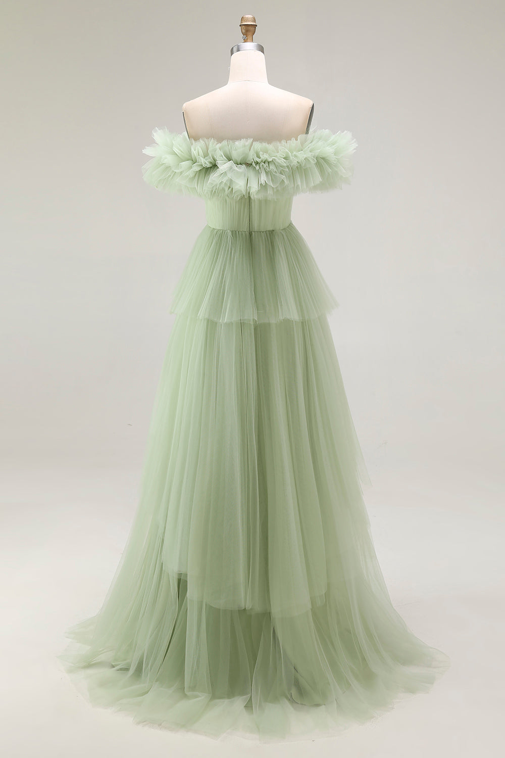 Dusty Sage Tulle Off the Shoulder Long Formal Dress with Ruffles