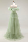 Dusty Sage Tulle Off the Shoulder Long Formal Dress with Ruffles