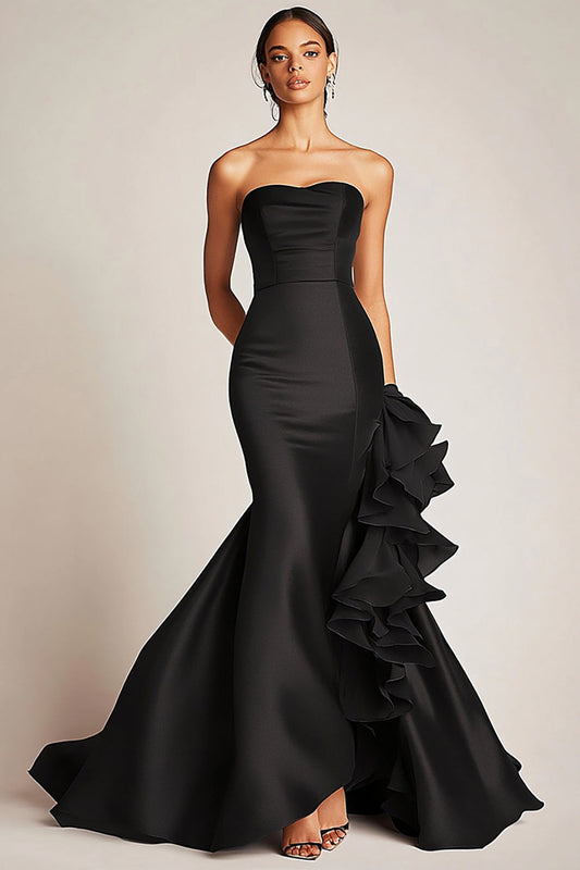 Satin Mermaid Long Strapless Black Tie Dress with Ruffles