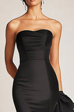 Satin Mermaid Long Strapless Black Tie Dress with Ruffles