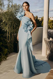 Sky Blue Ruched Sheath Long Formal Dress with 3D Flowers