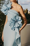Sky Blue Ruched Sheath Long Formal Dress with 3D Flowers