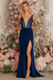 Sparkly Dark Blue Sheath V-Neck Long Formal Dress with Slit