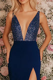 Sparkly Dark Blue Sheath V-Neck Long Formal Dress with Slit