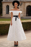 Black&White A Line Off the Shoulder Long Formal Dress with Ruffles