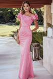 Pink Satin Sheath One Shoulder Long Formal Dress with Ruffles