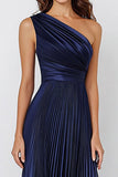 One Shoulder Navy Satin A Line Pleated Long Formal Dress