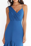 Blue Chiffon Sheath High Low V-Neck Formal Dress
