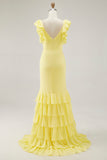 Yellow Chiffon Mermaid Long Formal Dress with Ruffles