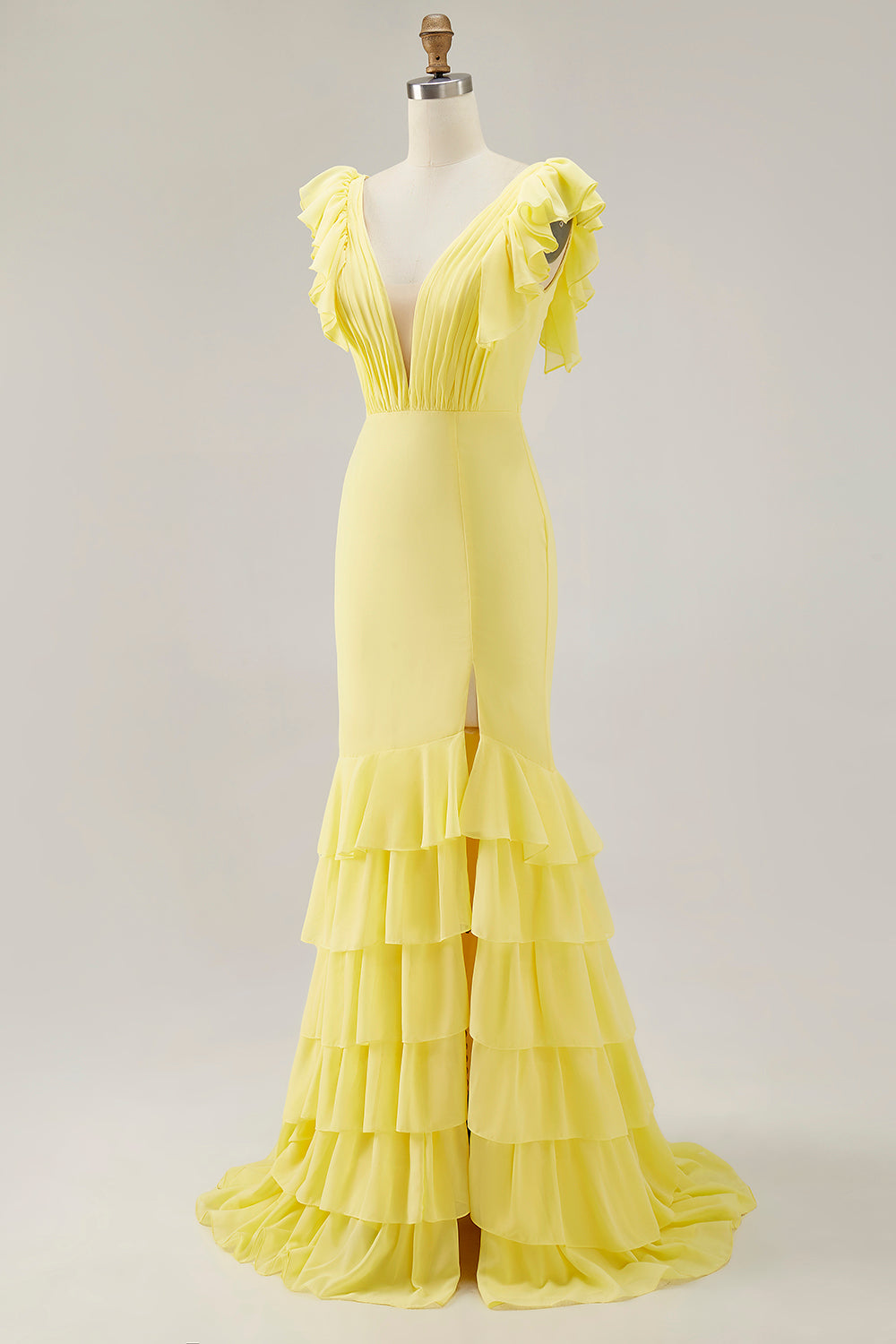 ZAPAKASA Women Yellow Chiffon Ruffled Long Formal Dress with Slit Mermaid Deep V-Neck Short Sleeves Prom Dress ZAPAKASA Women Yellow Chiffon Ruffled Long Formal Dress with Slit Mermaid Deep V-Neck Short Sleeves Prom Dress