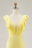 Yellow Chiffon Mermaid Ruffled Long Formal Dress with Slit