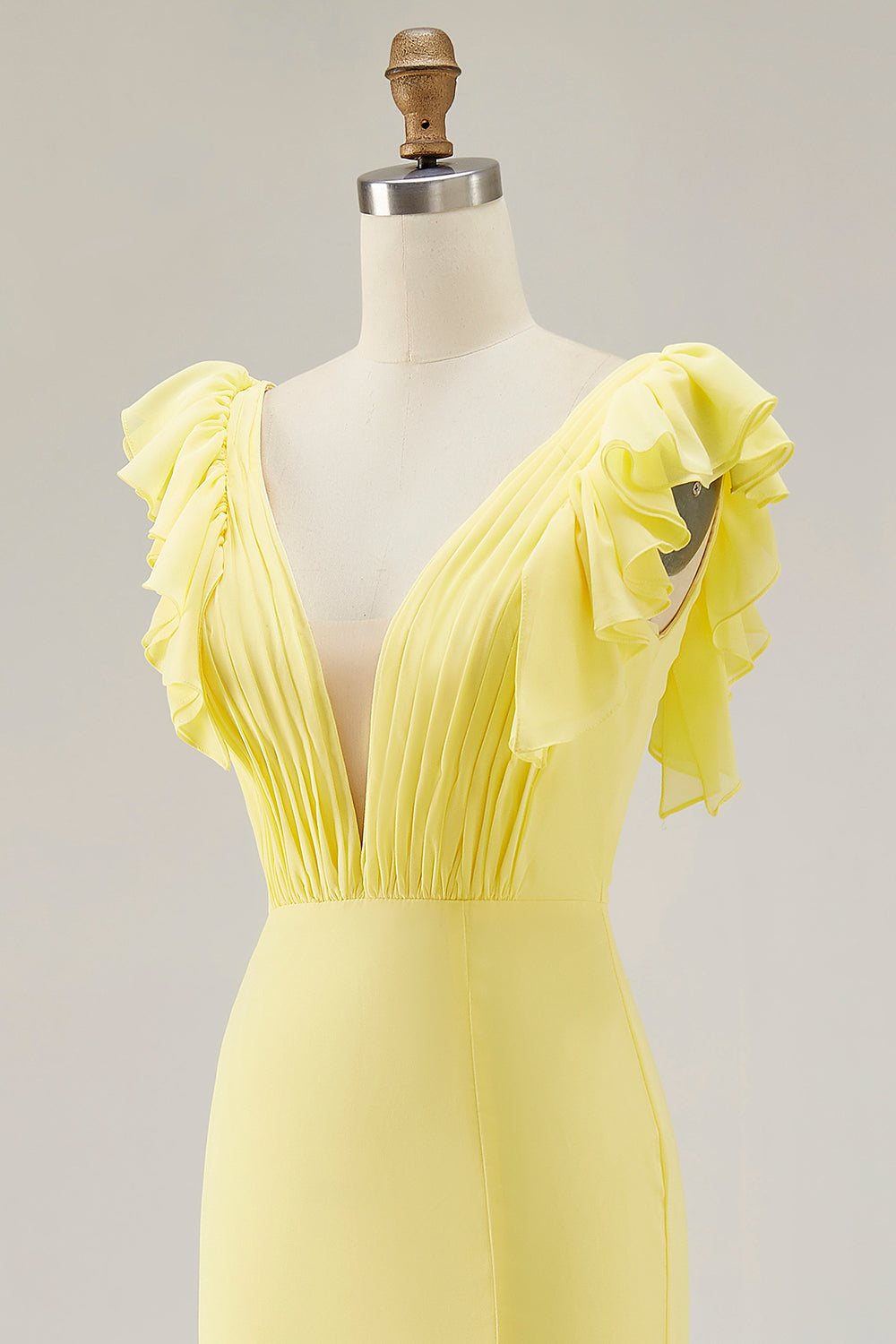 Yellow Chiffon Mermaid Ruffled Long Formal Dress with Slit
