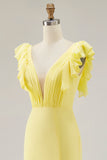 Yellow Chiffon Mermaid Ruffled Long Formal Dress with Slit