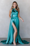 A Line Peacock Blue Satin Sleeveless Long Formal Dress with Slit