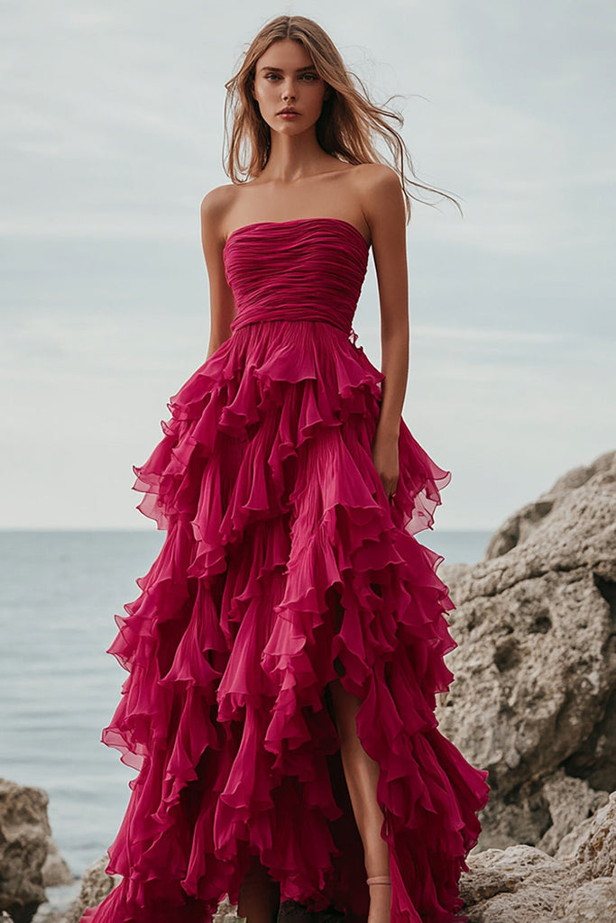 Magenta Plunge V Multi-Tiered A-Line Long Formal Dress