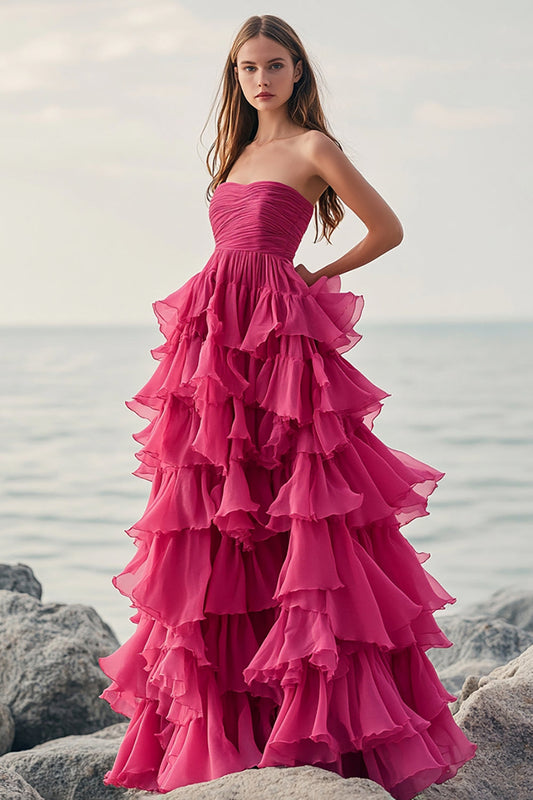 Fuchsia Strapless A Line Long Formal Dress with Ruffles