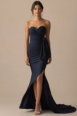 Navy Mermaid Strapless Long Formal Dress with Slit