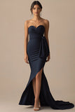 Navy Mermaid Strapless Long Formal Dress with Slit