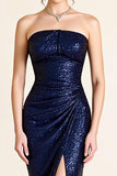 Navy Sheath Strapless Long Glitter Formal Dress with Slit