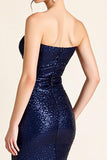 Navy Sheath Strapless Long Glitter Formal Dress with Slit