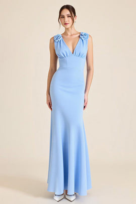 Sky Blue Sheath V-Neck Long Formal Dress with 3D Flowers