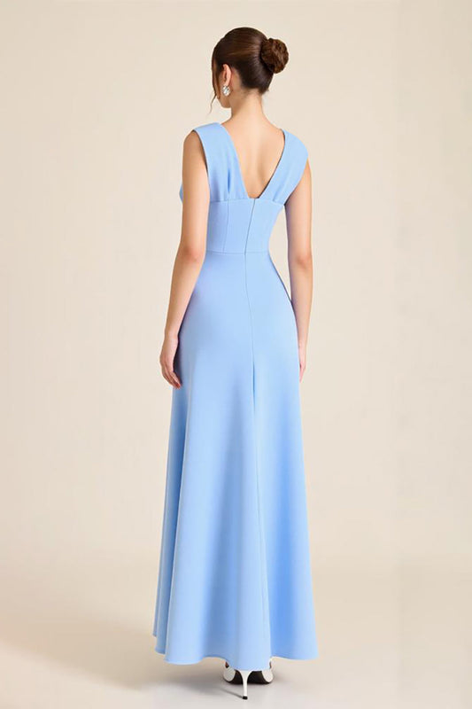 Sky Blue Sheath V-Neck Long Formal Dress with 3D Flowers