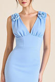 Sky Blue Sheath V-Neck Long Formal Dress with 3D Flowers