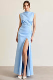 Sky Blue Sheath Sleeveless Long Formal Dress with Slit
