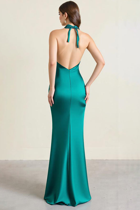 Green Satin Sheath Keyhole Halter Long Formal Dress with Slit