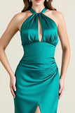 Green Satin Sheath Keyhole Halter Long Formal Dress with Slit