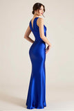 Sheath Royal Blue V-Neck Satin Long Sleeveless Formal Dress