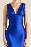 Sheath Royal Blue V-Neck Satin Long Sleeveless Formal Dress