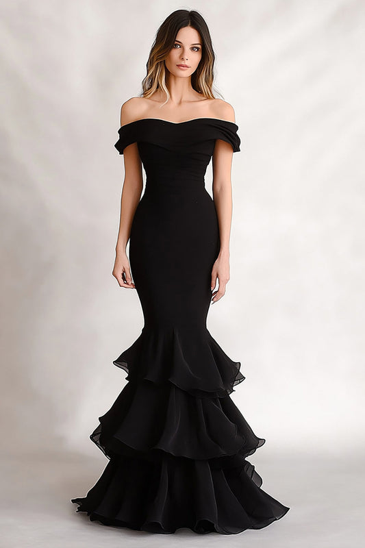 Black Mermaid Off the Shoulder Long Tiered Formal Dress