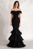 Black Mermaid Off the Shoulder Long Tiered Formal Dress