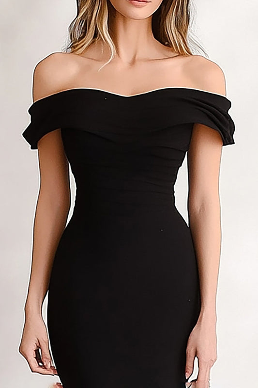 Black Mermaid Off the Shoulder Long Tiered Formal Dress