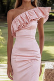 Pink Sheath One Shoulder Satin Long Formal Dress