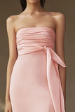 Pink Sheath Strapless Long Ruched Formal Dress with Cap