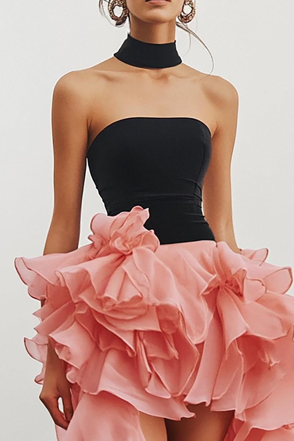 Black&Pink Chiffon High Low A Line Tiered Formal Dress