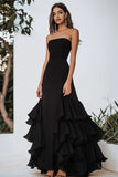 Chiffon A Line Tiered Long Square Neck Black Tie Dress