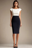 Black and White Bodycon Boat Neck Midi Formal Dress