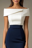 White and Navy Off The Shoulder Midi Bodycon Formal Dress