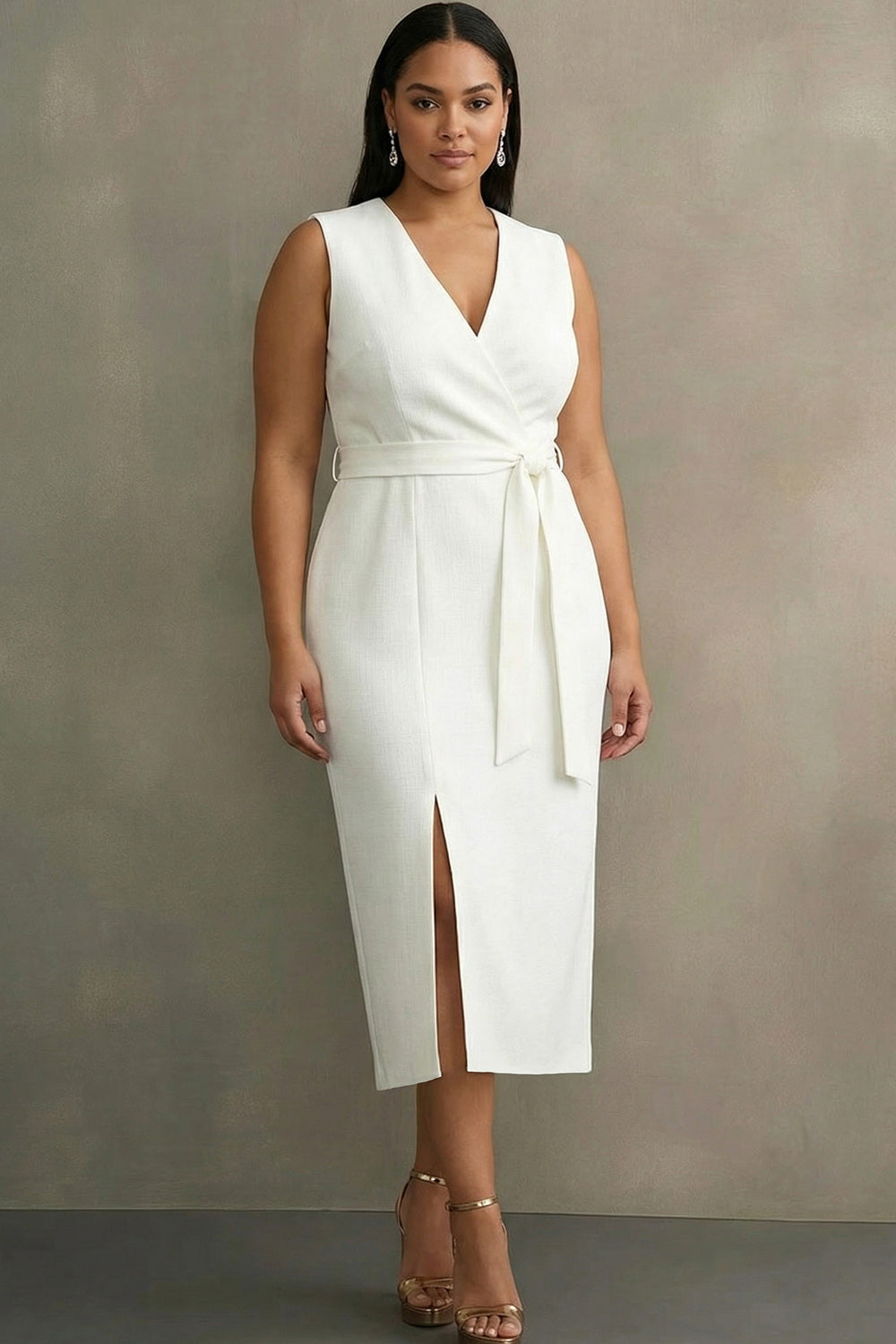 Plus Size White Satin V-Neck Sleeveless Midi Formal Dress with Belt
